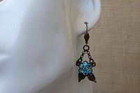 Leaf Earrings. Antique Turquoise Earrings. Ice Blue Rebeka Earrings. Brass And Crystal Earrings. Vintage Style Blue Earrings For Bride