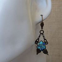Leaf Earrings. Antique Turquoise Earrings. Ice Blue Rebeka Earrings. Brass And Crystal Earrings. Vintage Style Blue Earrings For Bride