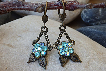 Leaf Earrings. Antique Turquoise Earrings. Ice Blue Rebeka Earrings. Brass And Crystal Earrings. Vintage Style Blue Earrings For Bride