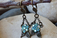 Leaf Earrings. Antique Turquoise Earrings. Ice Blue Rebeka Earrings. Brass And Crystal Earrings. Vintage Style Blue Earrings For Bride