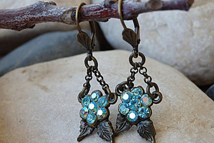 Leaf Earrings. Antique Turquoise Earrings. Ice Blue Rebeka Earrings. Brass And Crystal Earrings. Vintage Style Blue Earrings For Bride
