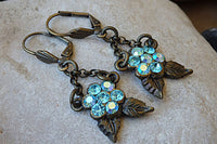 Leaf Earrings. Antique Turquoise Earrings. Ice Blue Rebeka Earrings. Brass And Crystal Earrings. Vintage Style Blue Earrings For Bride