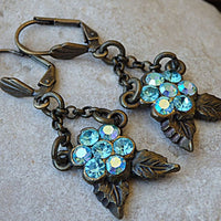 Leaf Earrings. Antique Turquoise Earrings. Ice Blue Rebeka Earrings. Brass And Crystal Earrings. Vintage Style Blue Earrings For Bride