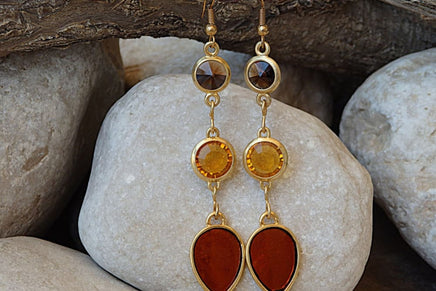 Long Dangle Earrings. Orange Earrings. Enamel Earrings. Tear Drop Earrings. Gold Brown Yellow Mandarin Earrings. Rebeka Enamel Jewelry.