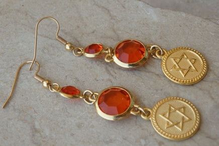 Long Star Of David Earrings. Orange Dangle Earrings. Gold Plated Jewish Jewelry. Shield Of David Drop Earrings. Orange Rebeka Magen David