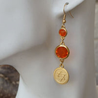 Long Star Of David Earrings. Orange Dangle Earrings. Gold Plated Jewish Jewelry. Shield Of David Drop Earrings. Orange Rebeka Magen David
