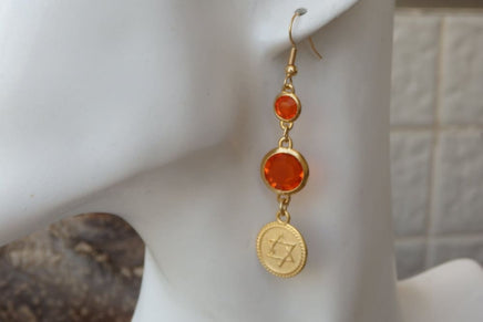 Long Star Of David Earrings. Orange Dangle Earrings. Gold Plated Jewish Jewelry. Shield Of David Drop Earrings. Orange Rebeka Magen David