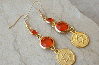 Long Star Of David Earrings. Orange Dangle Earrings. Gold Plated Jewish Jewelry. Shield Of David Drop Earrings. Orange Rebeka Magen David