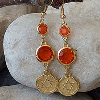 Long Star Of David Earrings. Orange Dangle Earrings. Gold Plated Jewish Jewelry. Shield Of David Drop Earrings. Orange Rebeka Magen David