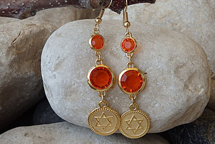 Long Star Of David Earrings. Orange Dangle Earrings. Gold Plated Jewish Jewelry. Shield Of David Drop Earrings. Orange Rebeka Magen David