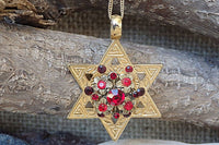 Magen David Charm Necklace. Red Rebeka Star Of David Necklace. Star Of David Pendant. Gold Judaica Necklace. Red Stones On David Star