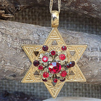 Magen David Charm Necklace. Red Rebeka Star Of David Necklace. Star Of David Pendant. Gold Judaica Necklace. Red Stones On David Star
