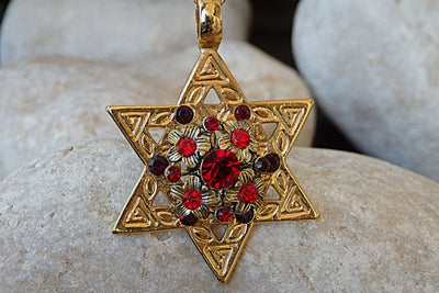 Magen David Charm Necklace. Red Rebeka Star Of David Necklace. Star Of David Pendant. Gold Judaica Necklace. Red Stones On David Star