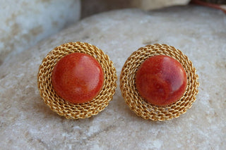 Mineral Natural Gemstone Jewelry.gold And Red Coral Stud Earrings.vintage Style Jewelry. Jewelry Set For Women. Rose Coral Natural Earrings