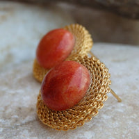 Mineral Natural Gemstone Jewelry.gold And Red Coral Stud Earrings.vintage Style Jewelry. Jewelry Set For Women. Rose Coral Natural Earrings