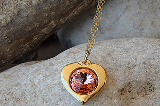 Mother Heart Shaped Necklace. Mothers Day Gift. Pink Rebeka Crystal Necklace. Wifes Necklace Gift. Love Jewelry. Gold Heart Necklace