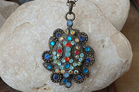 Multi Color Rebeka Pendant Necklace. Rhinestone Vintage Style Necklace. Antique Style Turquoise Necklace. Asymmetric Pendant Gift Ideas