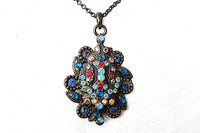 Multi Color Rebeka Pendant Necklace. Rhinestone Vintage Style Necklace. Antique Style Turquoise Necklace. Asymmetric Pendant Gift Ideas