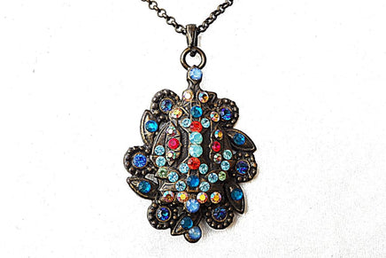 Multi Color Rebeka Pendant Necklace. Rhinestone Vintage Style Necklace. Antique Style Turquoise Necklace. Asymmetric Pendant Gift Ideas