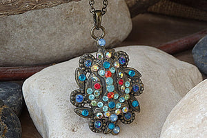Multi Color Rebeka Pendant Necklace. Rhinestone Vintage Style Necklace. Antique Style Turquoise Necklace. Asymmetric Pendant Gift Ideas