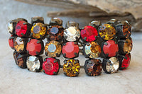 Multi Colors Rebeka Earrings. Red Orange Earrings. Antique Brass Fire Earrings. Pave Earrings. Rebeka Crystal Fancy Bar Stone Earrings