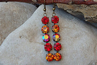 Multi Colors Rebeka Earrings. Red Orange Earrings. Antique Brass Fire Earrings. Pave Earrings. Rebeka Crystal Fancy Bar Stone Earrings