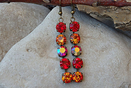 Multi Colors Rebeka Earrings. Red Orange Earrings. Antique Brass Fire Earrings. Pave Earrings. Rebeka Crystal Fancy Bar Stone Earrings