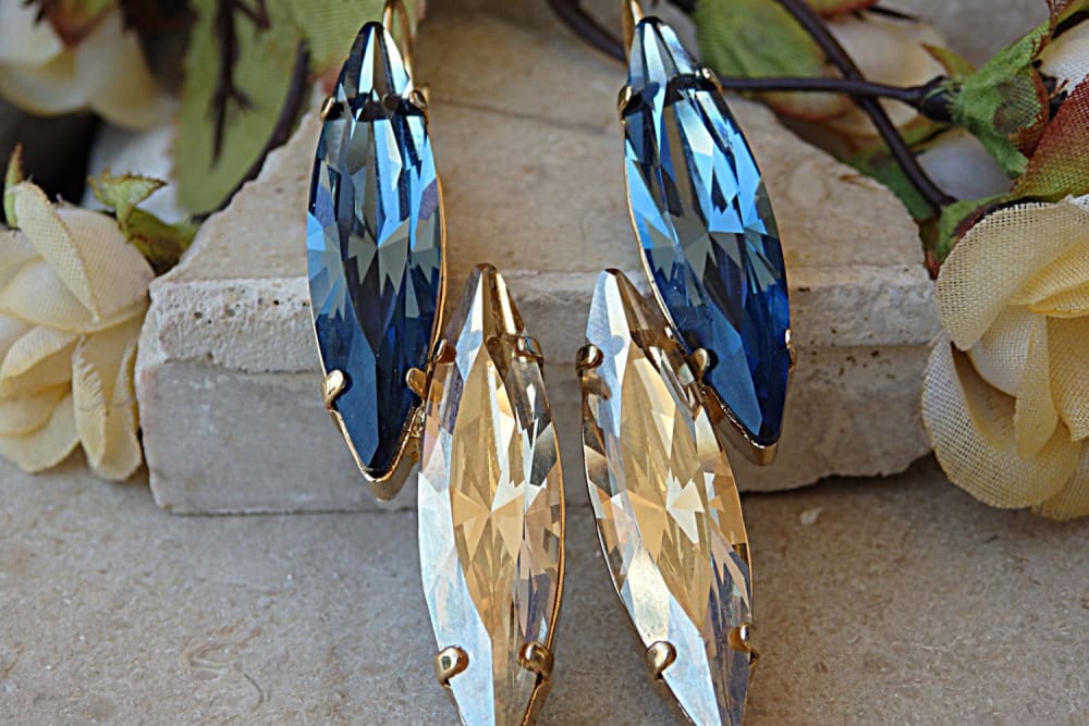 Navy Blue Champagne Earrings. Bridal Rebeka Earrings. Statement Earrings. Gold Earrings. Bridesmaid Jewelry Gift. Wedding Prom Earrings
