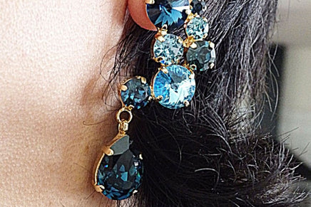 Navy Blue Drop Cluster Earrings. Blue Crystal Rebeka Earrings. Large Elegant Stud Earrings. Big Blue Earrings For Bridesmaid Jewelry Gift