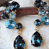 Navy Blue Drop Cluster Earrings. Blue Crystal Rebeka Earrings. Large Elegant Stud Earrings. Big Blue Earrings For Bridesmaid Jewelry Gift