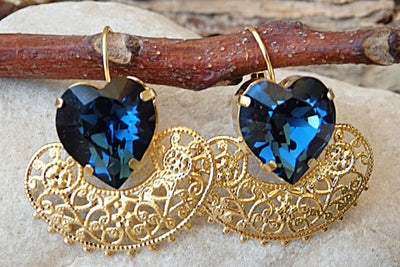 Navy Blue Earrings. Midnight Blue Earrings. Heart Earrings. Romantic Jewelry. Rebeka Crystal Earrings.custom Earrings.blue Christmas Gift