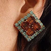 Non Pierced Rebeka Earrings. Clip On Earrings. Big Geometric Stud Clips Earrings. Brown And Blue Crystal Earrings. Halo Square Earrings