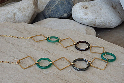 Onyx Necklace. Agate Necklace. Hemetite Necklace.gold Chic Gemstone Band Necklace. Long Geometric Necklace. Estate Jewelry. Green Black Gray