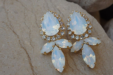 Opal Crystal Earrings. Bridesmais Jewelry Gifts. Rebeka Earrings. Bride White Opal Earrings. Bridal Jewelry.wedding Cluster Stud Earrings