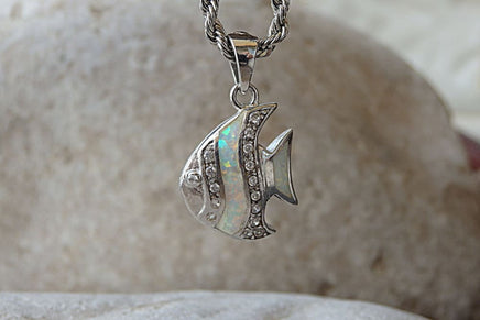 Opal Fish Necklace. White Opal Ocean Necklace. Opal And Zirconia Necklace. Fire Opal Fish Necklace. 925 Sterling Silver Good Luck Necklace