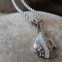 Opal Fish Necklace. White Opal Ocean Necklace. Opal And Zirconia Necklace. Fire Opal Fish Necklace. 925 Sterling Silver Good Luck Necklace