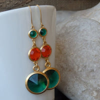 Orange Green Rebeka Drop Earrings. Around Dangle Earrings. Long Chandelier Shiny Earrings. Tangerine Grass Womens Jewelry. Gift For Her.