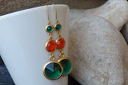 Orange Green Rebeka Drop Earrings. Around Dangle Earrings. Long Chandelier Shiny Earrings. Tangerine Grass Womens Jewelry. Gift For Her.