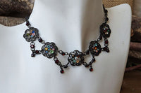 Oriental Black Women Jewelry. Vintage Style Necklace. Colorful Rebeka Necklace. Black Metal Necklace. Flower Antique Style Necklace.