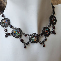 Oriental Black Women Jewelry. Vintage Style Necklace. Colorful Rebeka Necklace. Black Metal Necklace. Flower Antique Style Necklace.