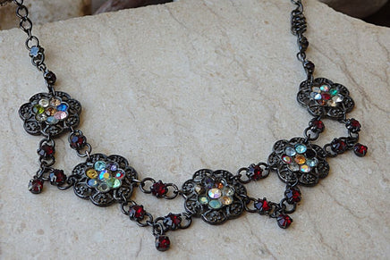 Oriental Black Women Jewelry. Vintage Style Necklace. Colorful Rebeka Necklace. Black Metal Necklace. Flower Antique Style Necklace.