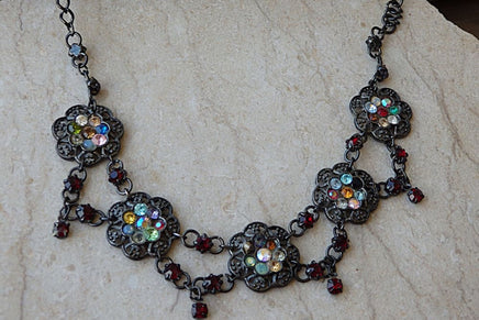 Oriental Black Women Jewelry. Vintage Style Necklace. Colorful Rebeka Necklace. Black Metal Necklace. Flower Antique Style Necklace.