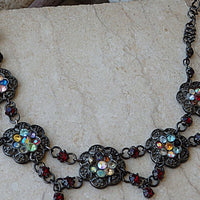 Oriental Black Women Jewelry. Vintage Style Necklace. Colorful Rebeka Necklace. Black Metal Necklace. Flower Antique Style Necklace.