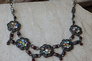 Oriental Black Women Jewelry. Vintage Style Necklace. Colorful Rebeka Necklace. Black Metal Necklace. Flower Antique Style Necklace.