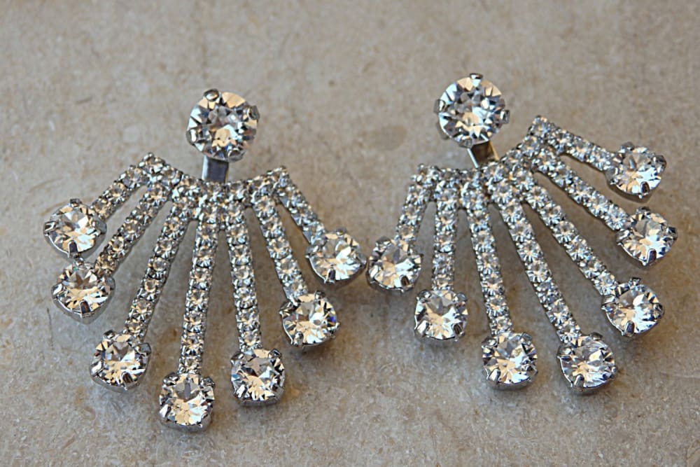 Pair Of Studs And Jackets. Front Back Earring Set. Clear Crystals Ear Jacket Earrings. Rebeka Behind The Ear