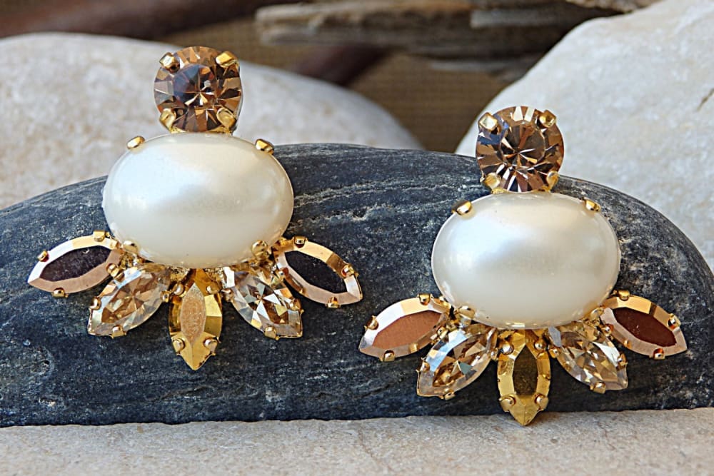 White Pearl Earrings with Swarovski Crystals  Nayab Luxury Pearl Stud  Earrings by Blingvine
