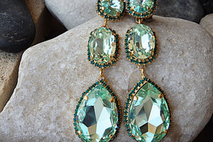 Peridot Rebeka Earrings. Green Bridal Earrings. Rhinestone Green Emerald Chandelier Earrings. Long Teardrop Earrings. Evening Earrings