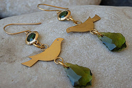 Pigeon Gold Dangle Earrings. Green Rebeka Earrings. Bird Gold Jewelry. Bird Dangle Earrings. Green Gold Earrings. Animal Drop Earrings