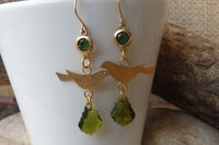 Pigeon Gold Dangle Earrings. Green Rebeka Earrings. Bird Gold Jewelry. Bird Dangle Earrings. Green Gold Earrings. Animal Drop Earrings