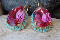 Pink Fuchsia Crystal Rebeka Drop Earrings. Turquoise Fuchsia Earrings. Teardrop Dangle Earrings